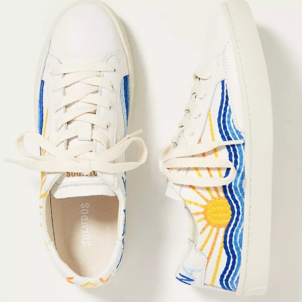 Soludos White Sneakers with Blue and Yellow sun and moon Accents Sol Luna